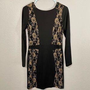 Venus Black & Gold Lace Long Sleeve Dress Size Small